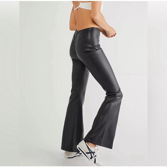 Free People We The Free Real Deal Slit Leather Flare Leg Pants 28 Black Retro - Picture 4 of 16